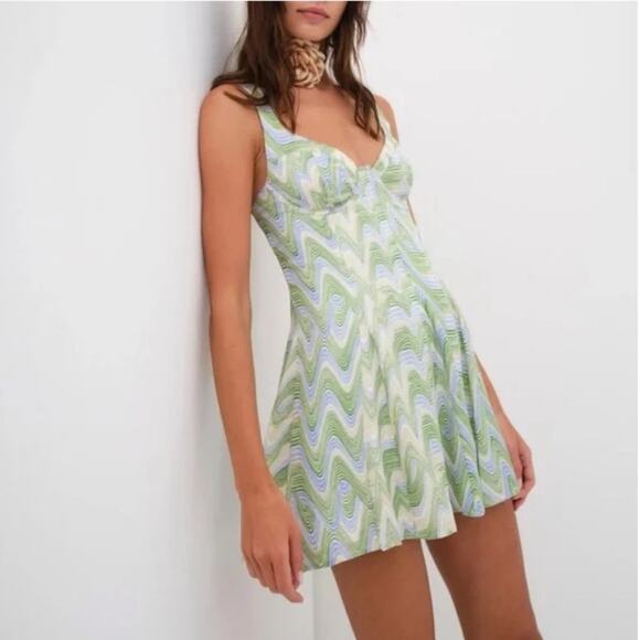 For Love & Lemons Green Bustier Yori Chevron Mini Dress Sz Large MSRP $212 - Picture 2 of 16